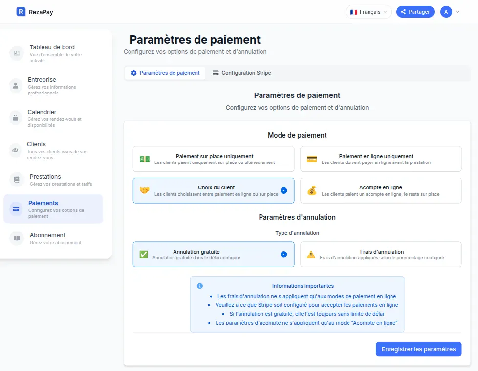 Paramètres de paiement RezaPay