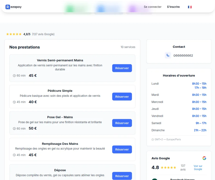 Page prestations agenda en ligne Rezapay