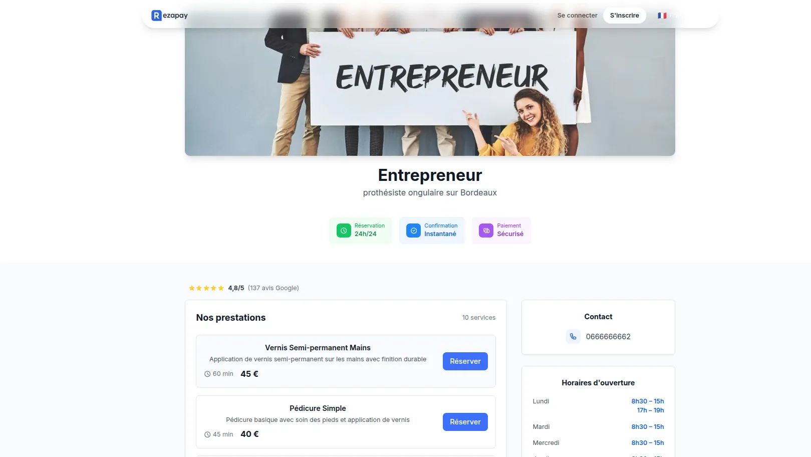 Page publique agenda en ligne Rezapay